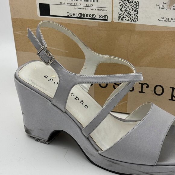 Vintage Apostrophe Heels Metallic Silver Open Toe Sandals Block Buckle 1990s 6.5 - Picture 3 of 8